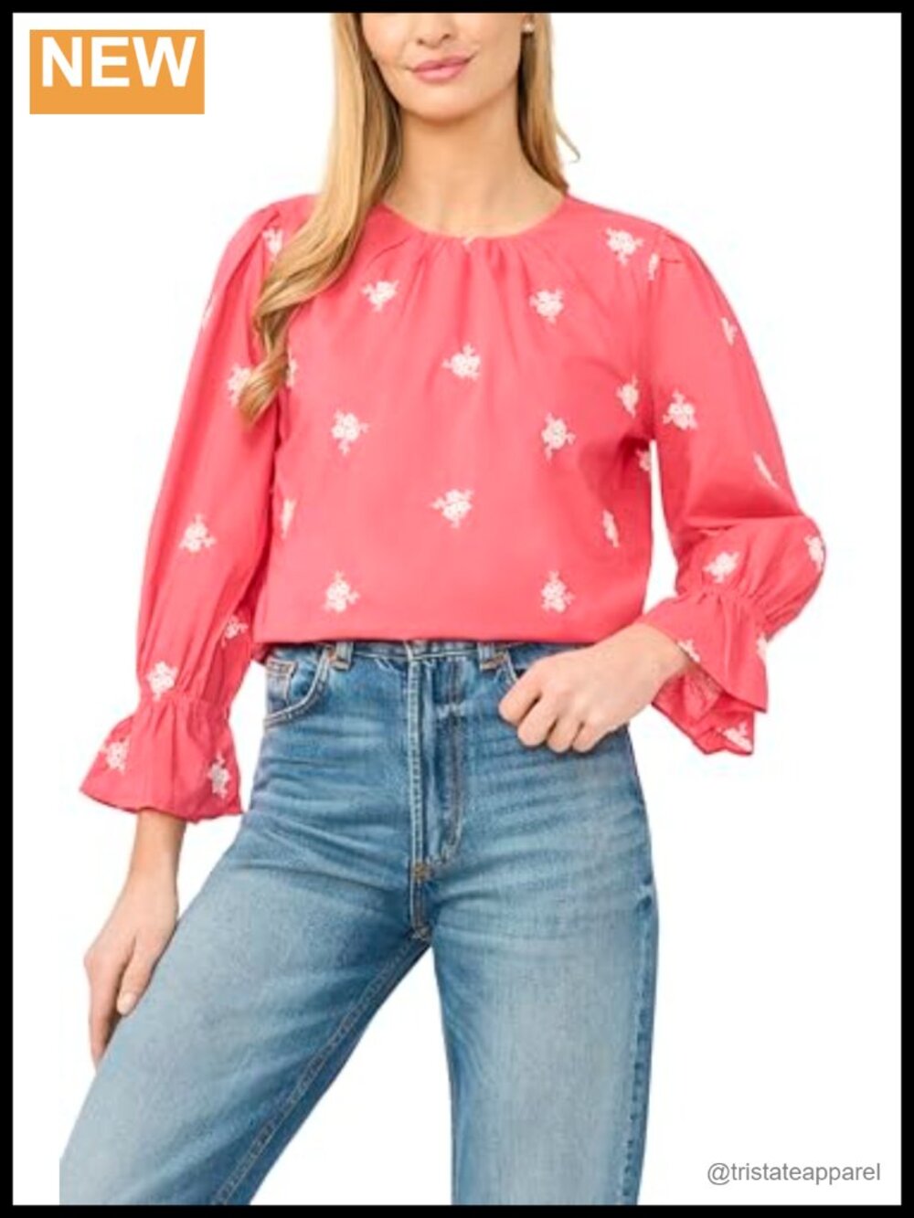 CeCe Women's Embroidered 3/4 Sleeve Ruffle Blouse Cotton Button Down Top